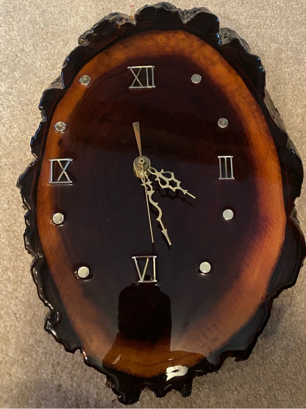 Handmade Lacquered Burl Wood Wall clock Woods forest cabin decor 13” Working